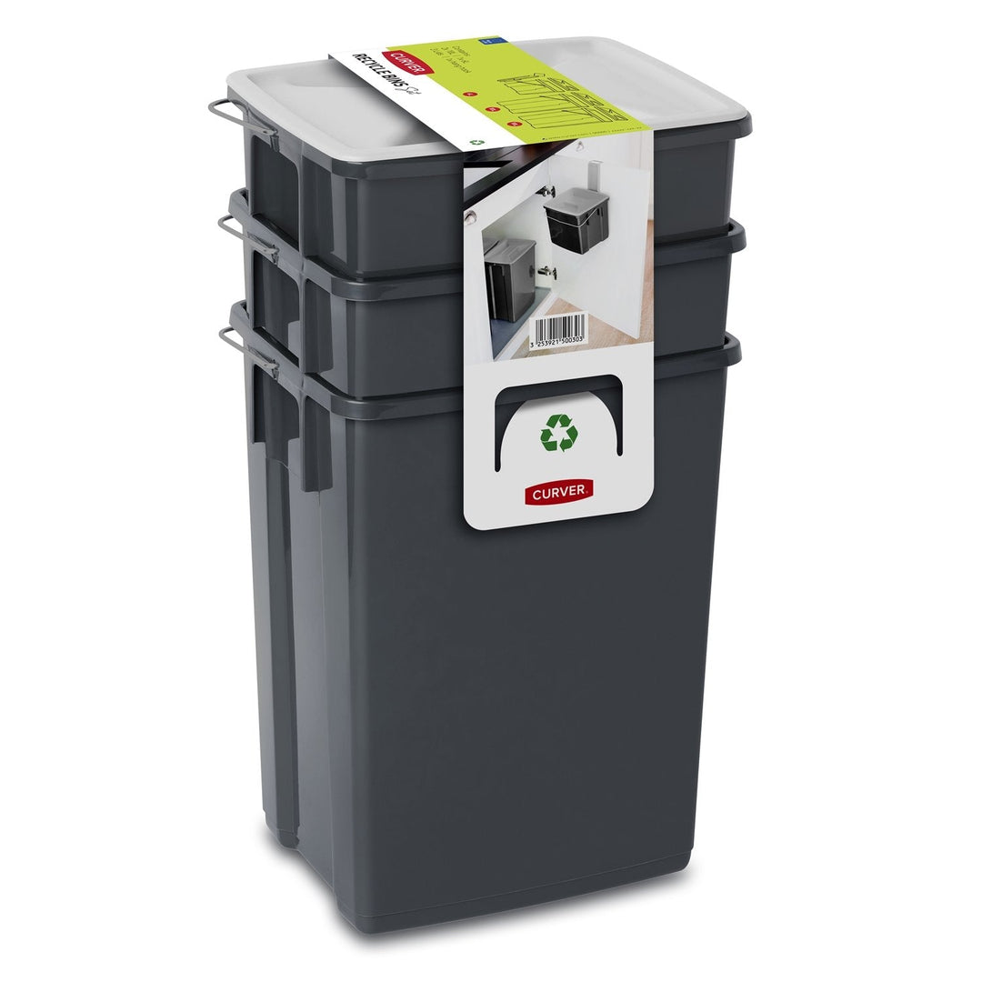 Curver 245948 Waste Bin 3 PCS Sorting Recycling Recycle Trash Can Set 2 x 10L + 6L