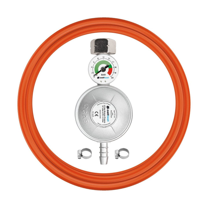 Gas regulator with pressure gauge, hose 2 x band KIT Cellfast