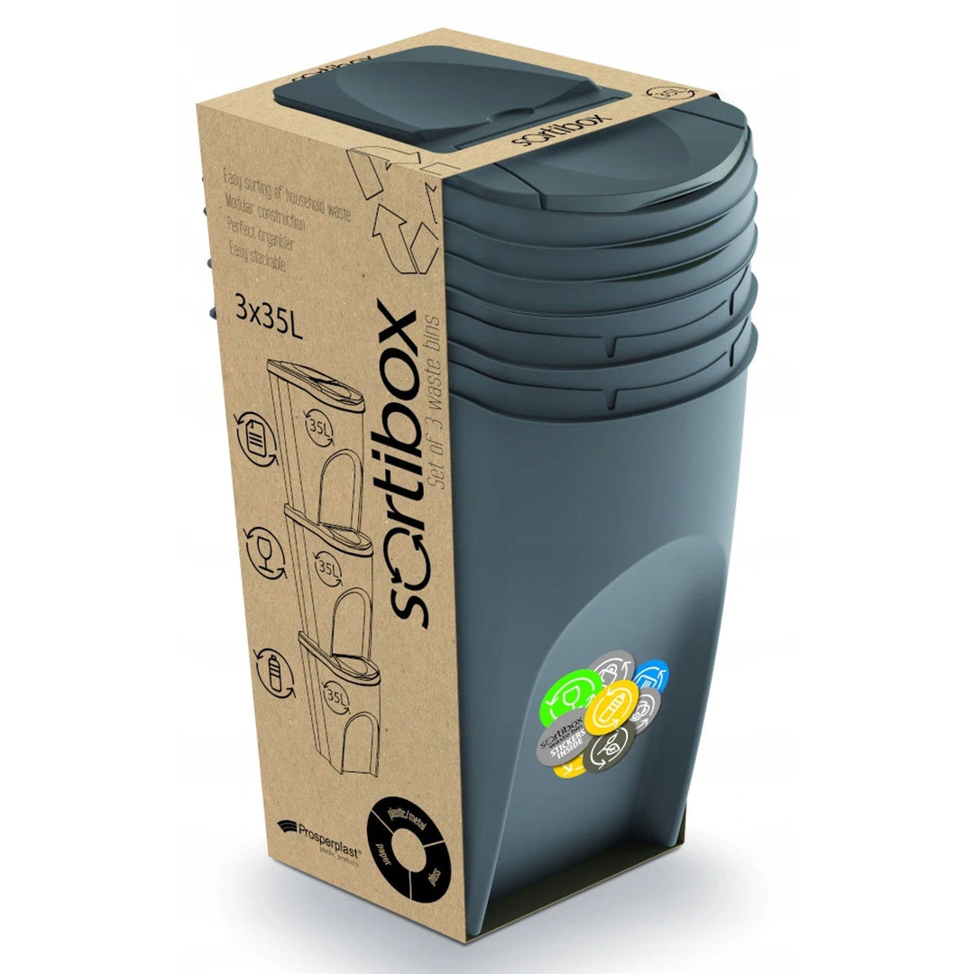 Sortibox 3x35L Grey Recycling Bin Set – Efficient Waste Sorting Solution