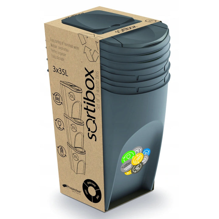 Sortibox 3x35L Grey Recycling Bin Set – Efficient Waste Sorting Solution