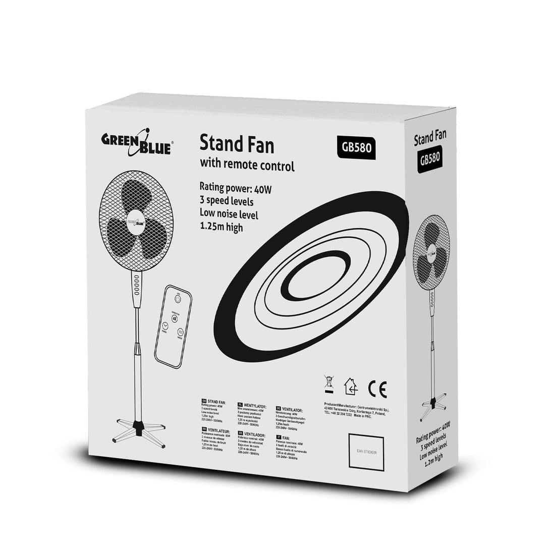 GreenBlue GB580 Floor fan 40W with 3 levels of airflow 1.25m high 1.5m of cable with remote control and timer up to 7.5h GB580