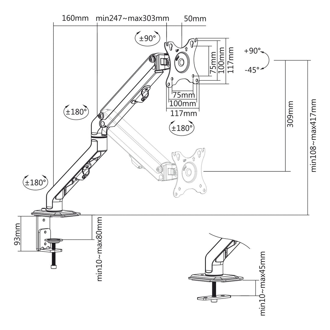 Maclean universal monitor desk mount, mechanical spring 17"-27" 7kg, VESA 75x75,100x100, MC-906