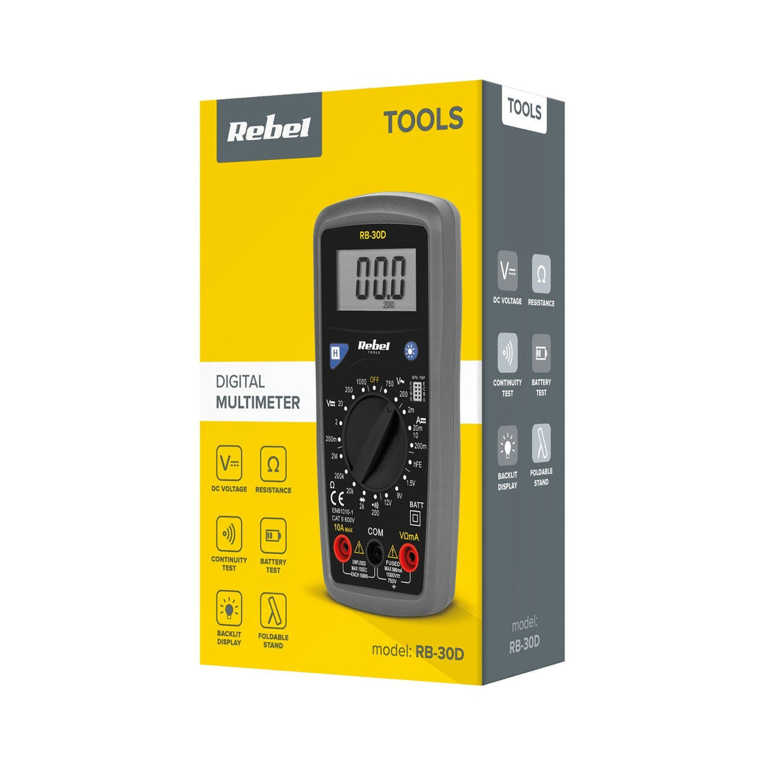The Rebel Tools RB-30D universal meter includes test leads