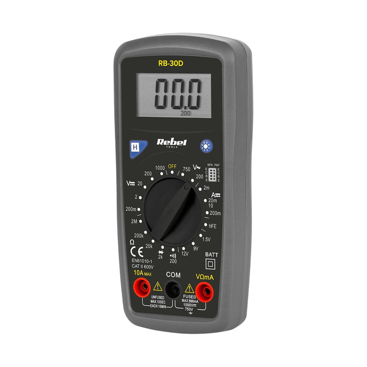 The Rebel Tools RB-30D universal meter includes test leads