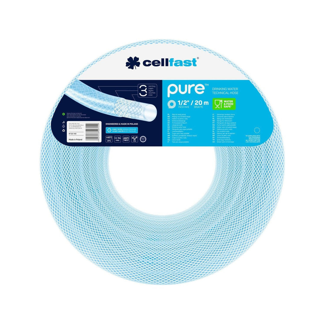 Cellfast PURE 20-140 1/2" 20m Drinking Water Technical Hose Pipe 3-Layer POE Reinforced Water Food Plant Protection Light Chemicals ABC-D2