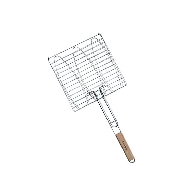Master Grill MG282 Triple BBQ Fish Grill Rack Mesh Steel Grilling Basket Barbecue Wooden Handle