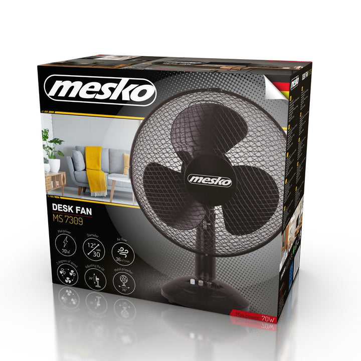 Desk fan 70W 30cm with 3 speed settings - Mesko MS 7309. Efficient airflow, compact design. Keep cool with ease.