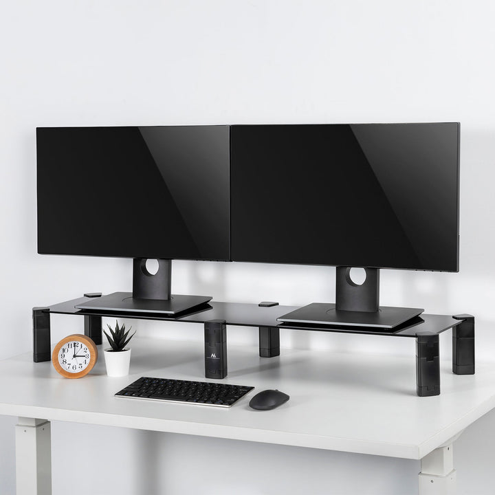 Maclean MC-936 Double Monitor Stand Shelf Height Adjustable Two Screens Stand Laptop Stand Tempered Glass Laptop 2 Monitors Stand Up To Max 20kg Black