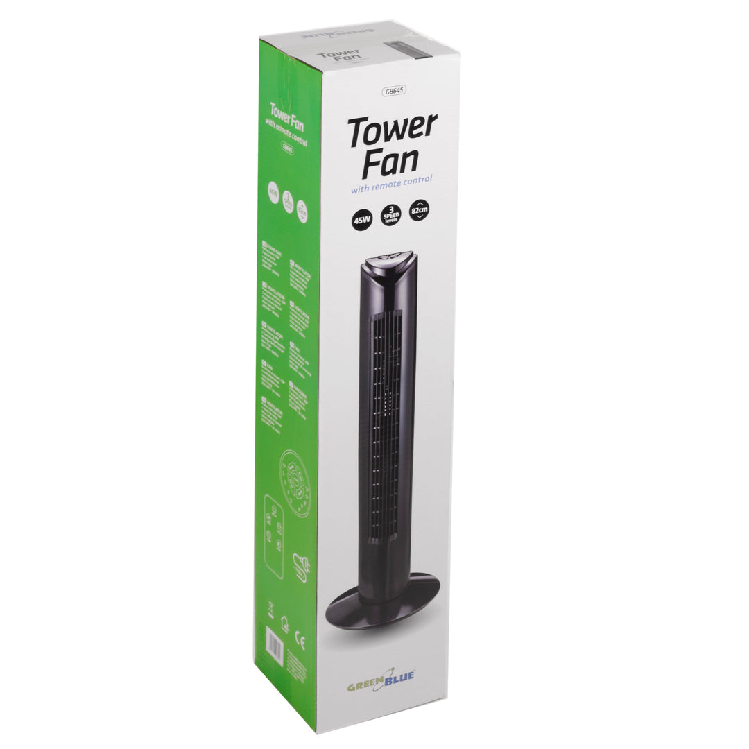 GreenBlue GB645 Oscillating Tower Fan with Remote Control 45W 3 Speeds 80° Rotation Silent Quiet Operation Timer Lightweight 3 Operation Modes