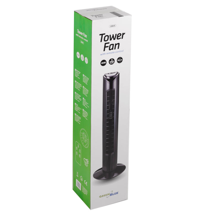 GreenBlue GB645 Oscillating Tower Fan with Remote Control 45W 3 Speeds 80° Rotation Silent Quiet Operation Timer Lightweight 3 Operation Modes
