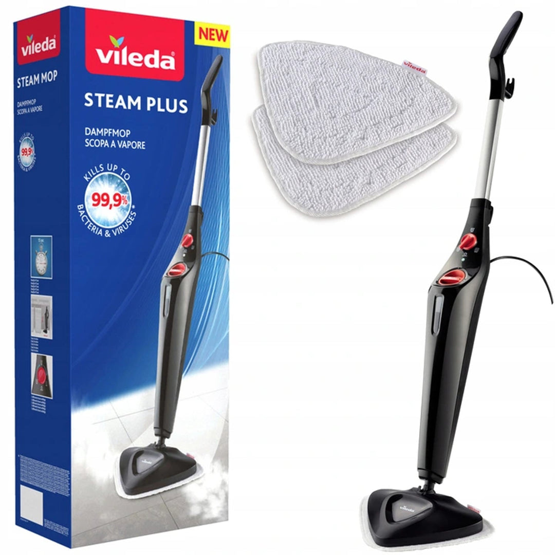 Vileda 168917 Steam Plus 3.0 Electric Steam Mop with 2x Microfibre Replacement Pads, Carpet Cleaning (EU plug)