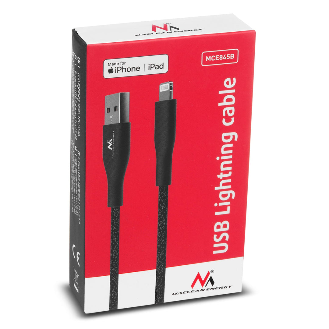 Maclean MCE845B MFi Cable Charging Data Transfer Fast Charge USB 2.4A Black 1m 5V 2.4A Nylon