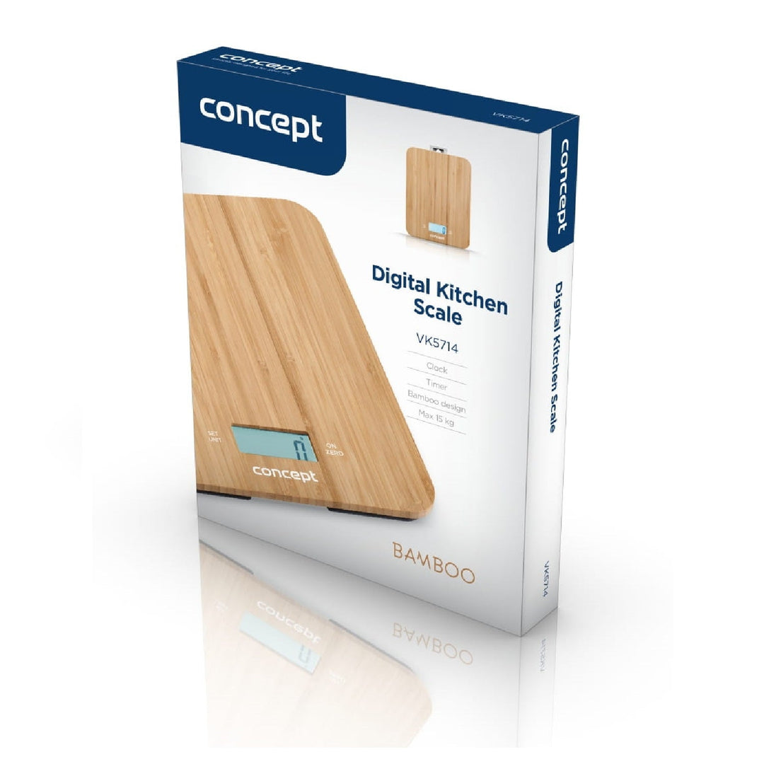 Concept VK5713 Digital Kitchen Scale - Bamboo - 15kg Clock Timer Bamboo Design max. 15kg with Hanging Hook