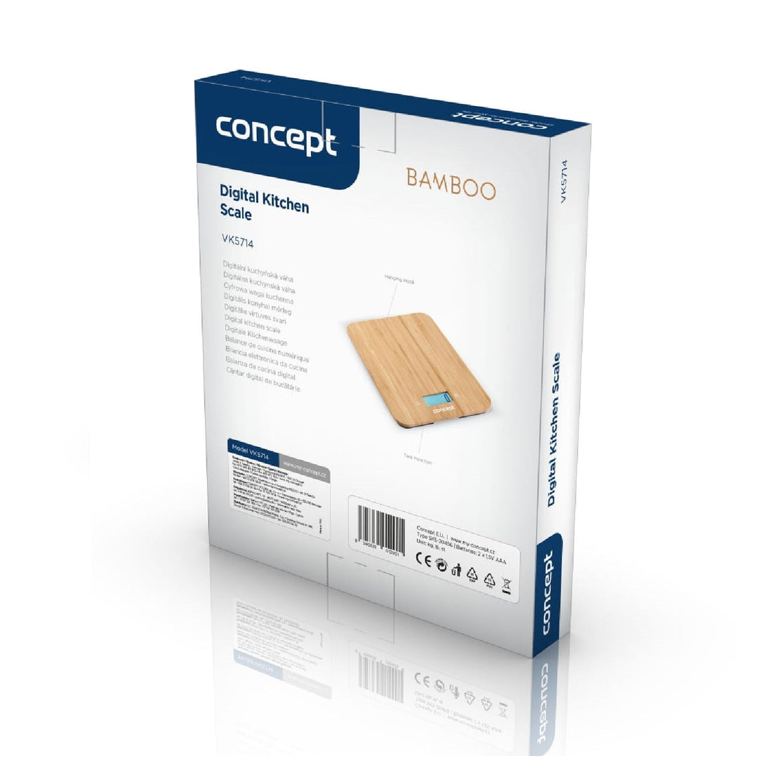 Concept VK5713 Digital Kitchen Scale - Bamboo - 15kg Clock Timer Bamboo Design max. 15kg with Hanging Hook