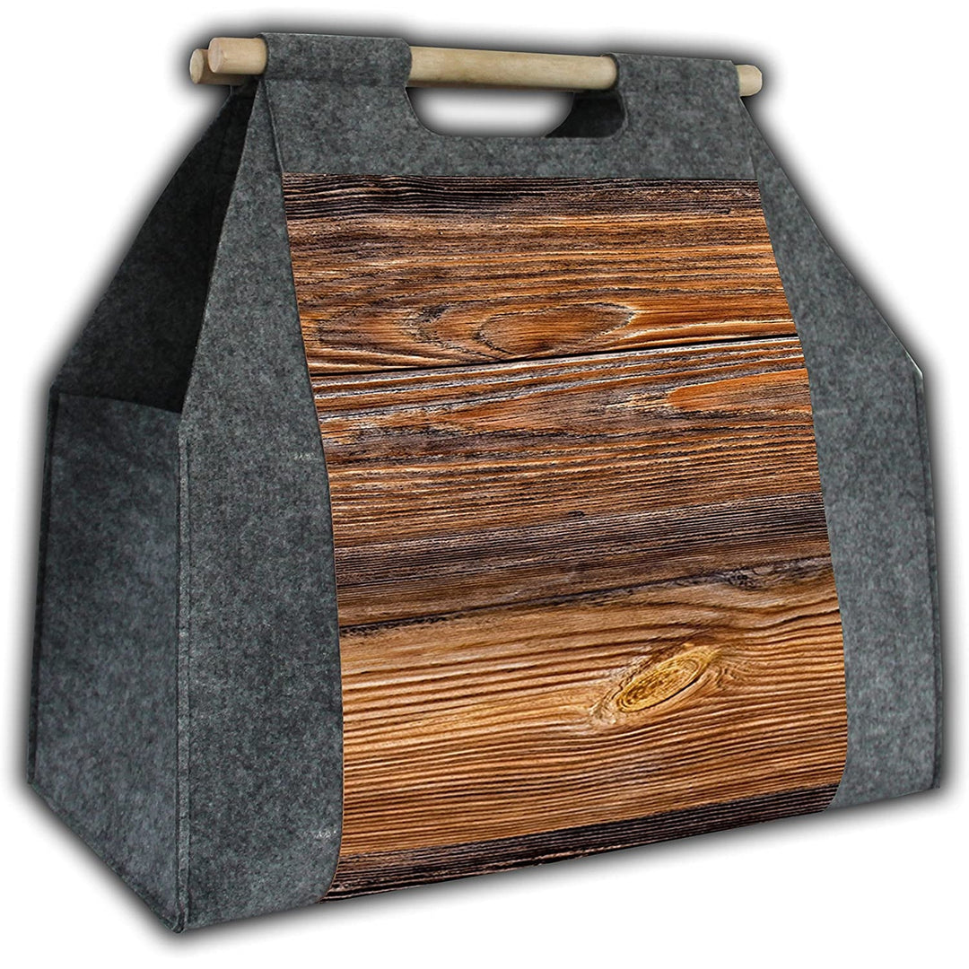 Rectangular firewood bag with a carrying handle, design: Wood