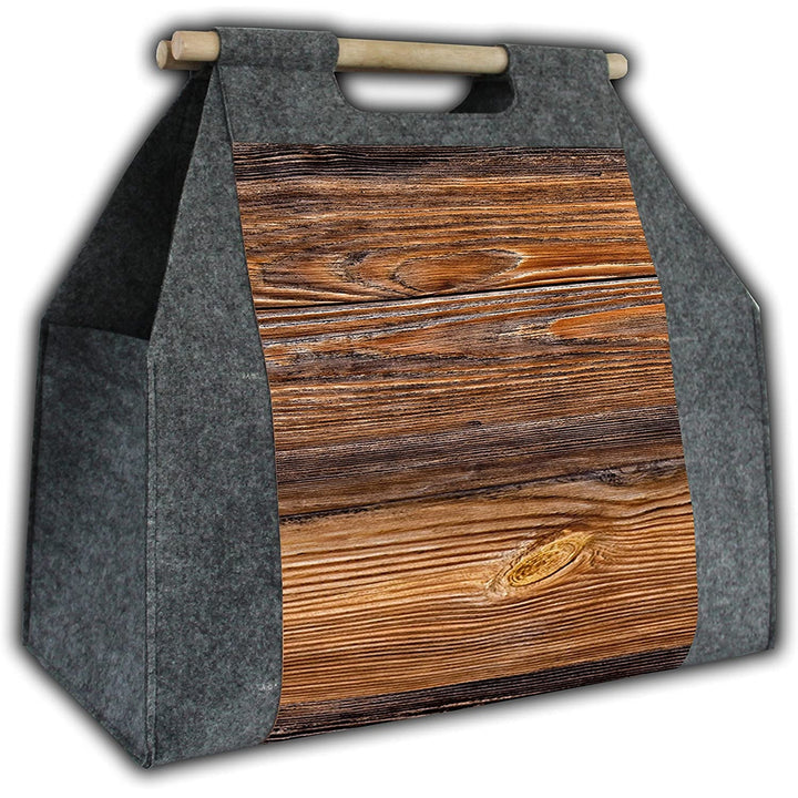 Rectangular firewood bag with a carrying handle, design: Wood
