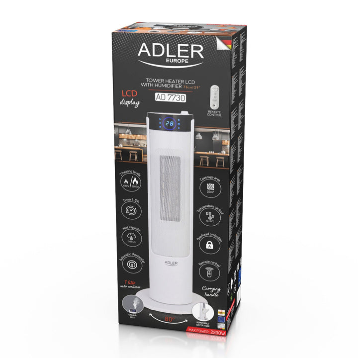 Adler AD 7730 2in1 LCD Tower Heater with Humidifier 2200W Ceramic Heating Element Fan Only Mode Thermostat Timer Oscillating