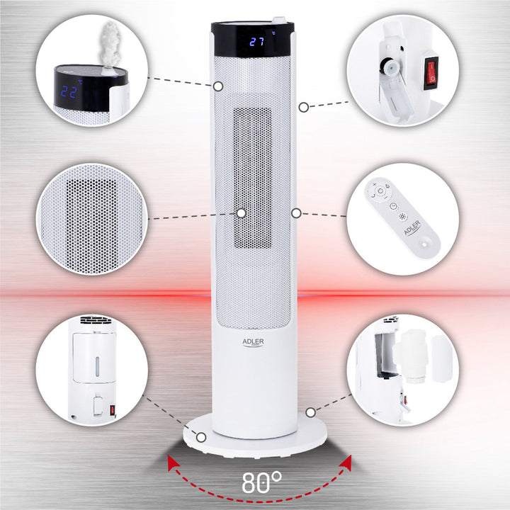Adler AD 7730 2in1 LCD Tower Heater with Humidifier 2200W Ceramic Heating Element Fan Only Mode Thermostat Timer Oscillating