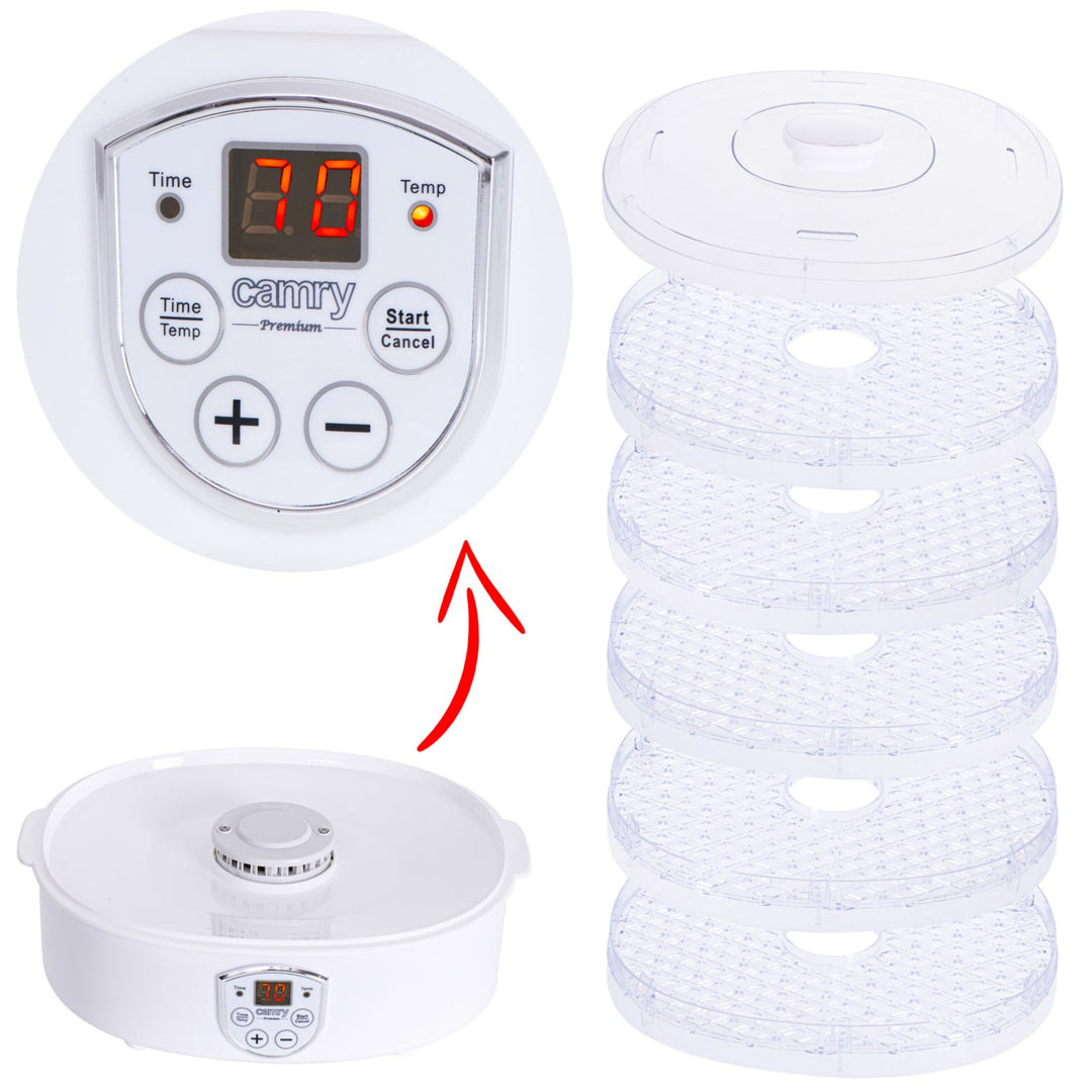Camry CR 6659 Food Dehydrator 5 Trays 550W 35-70°C Temperature Control Electric Display Timer Perfect for Mushrooms Vegetables Fruit Fish Meat Herbs Flowers