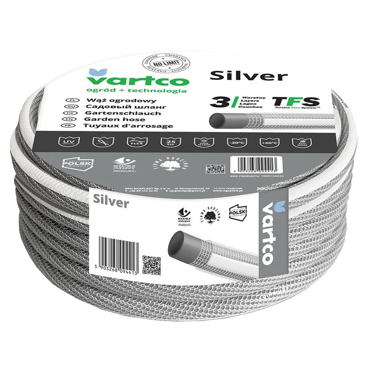 Vartco Silver 3/4" 3-Layer Garden Pipe Hose 30m Silver Kink Torsion Free Flexible Durable TFS Braided Polyester Thread Thick