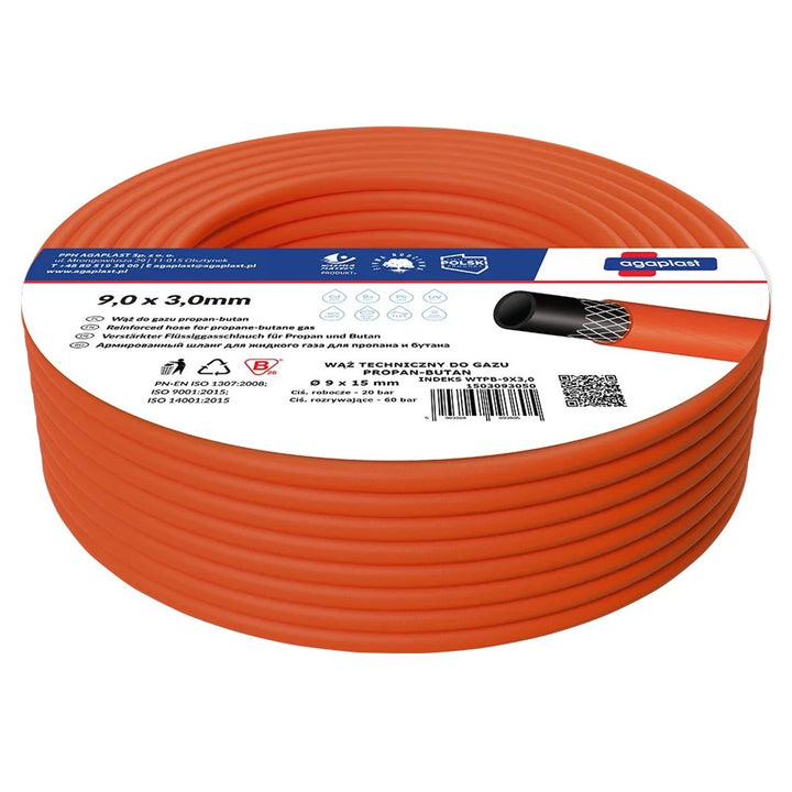 PVC Propane-Butane Gas Hose Pipe 25m Reinforced Flexible Lightweight -10°C to +60°C 9mm Diameter 3mm Thickness