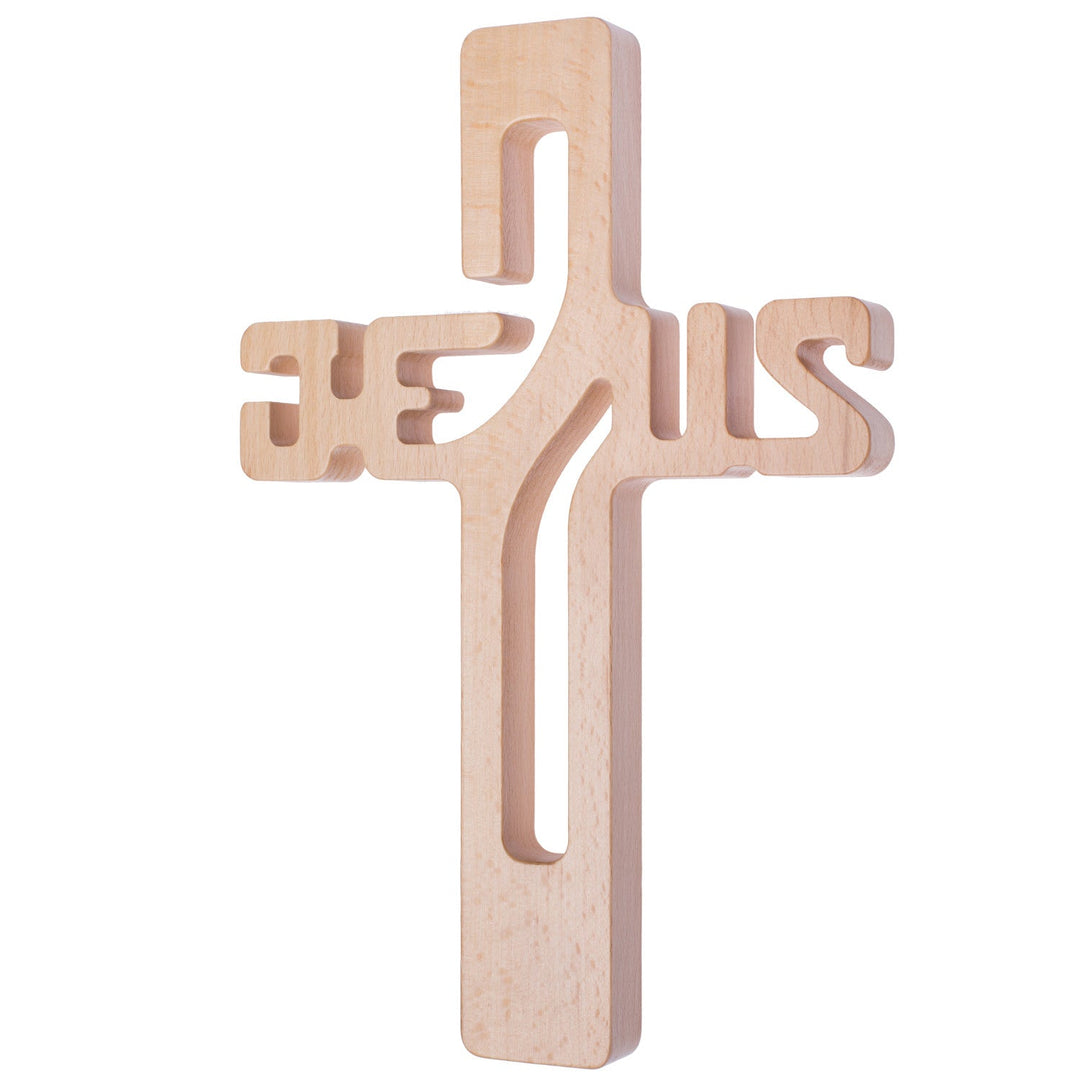 Wooden Hanging Cross 22cm JESUS Beech Natural Wood 22x14x cm Crucifix Christian Gift Idea