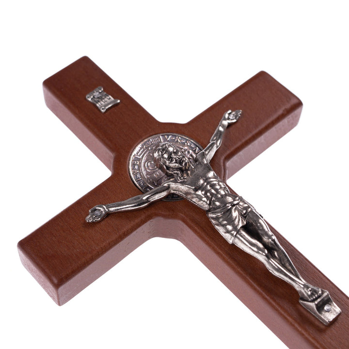 St Benedict's Hanging Cross Natural Beech Wood 18x10cm Decorative with Jesus Gift Idea Wedding Christening Comunion