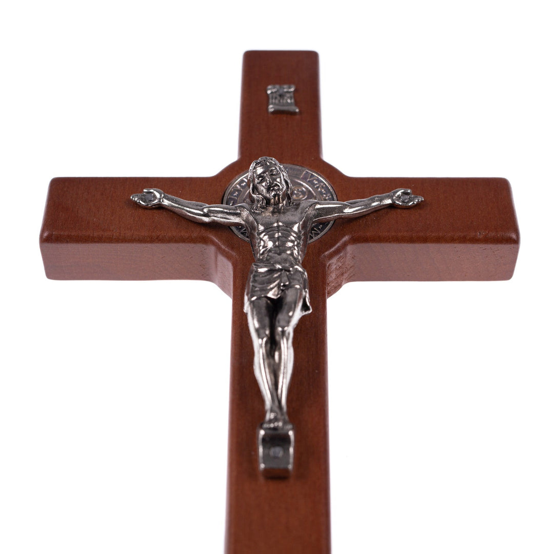 St Benedict's Hanging Cross Natural Beech Wood 18x10cm Decorative with Jesus Gift Idea Wedding Christening Comunion