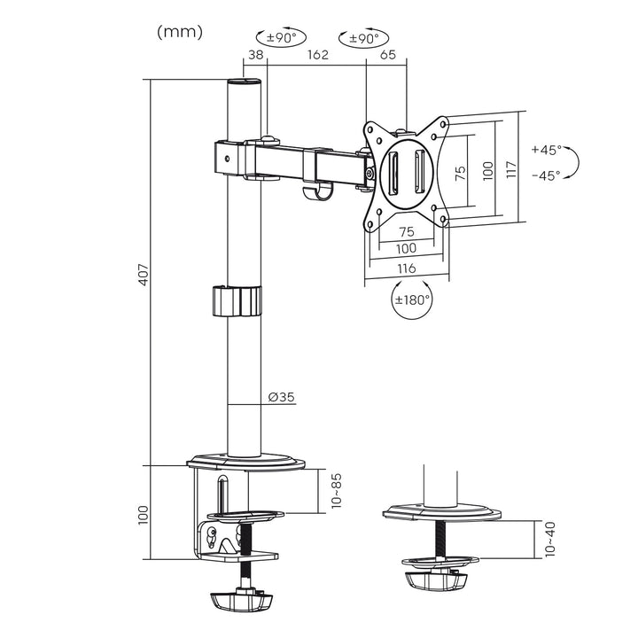 Maclean MC-572N LCD LED Monitor Desk Holder Mount Bracket Single Arm VESA 75x75 100x100 17-32" 9kg Adjustable