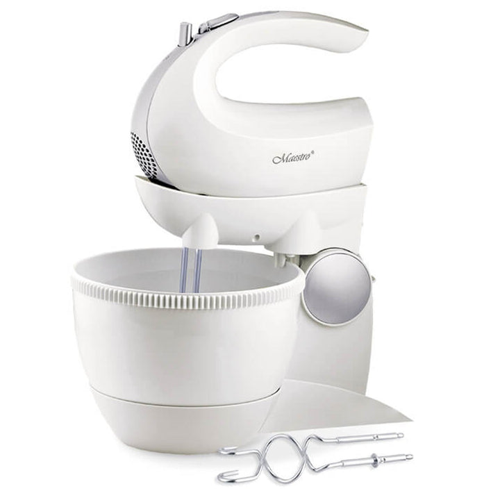 Maestro MR-556 Stand Mixer with Rotating Bowl 600W Turbo Mode 5 Speeds Dough Kneading Hooks Attachments + Mixing Whipping Whisks Kitchen Modern HQ
