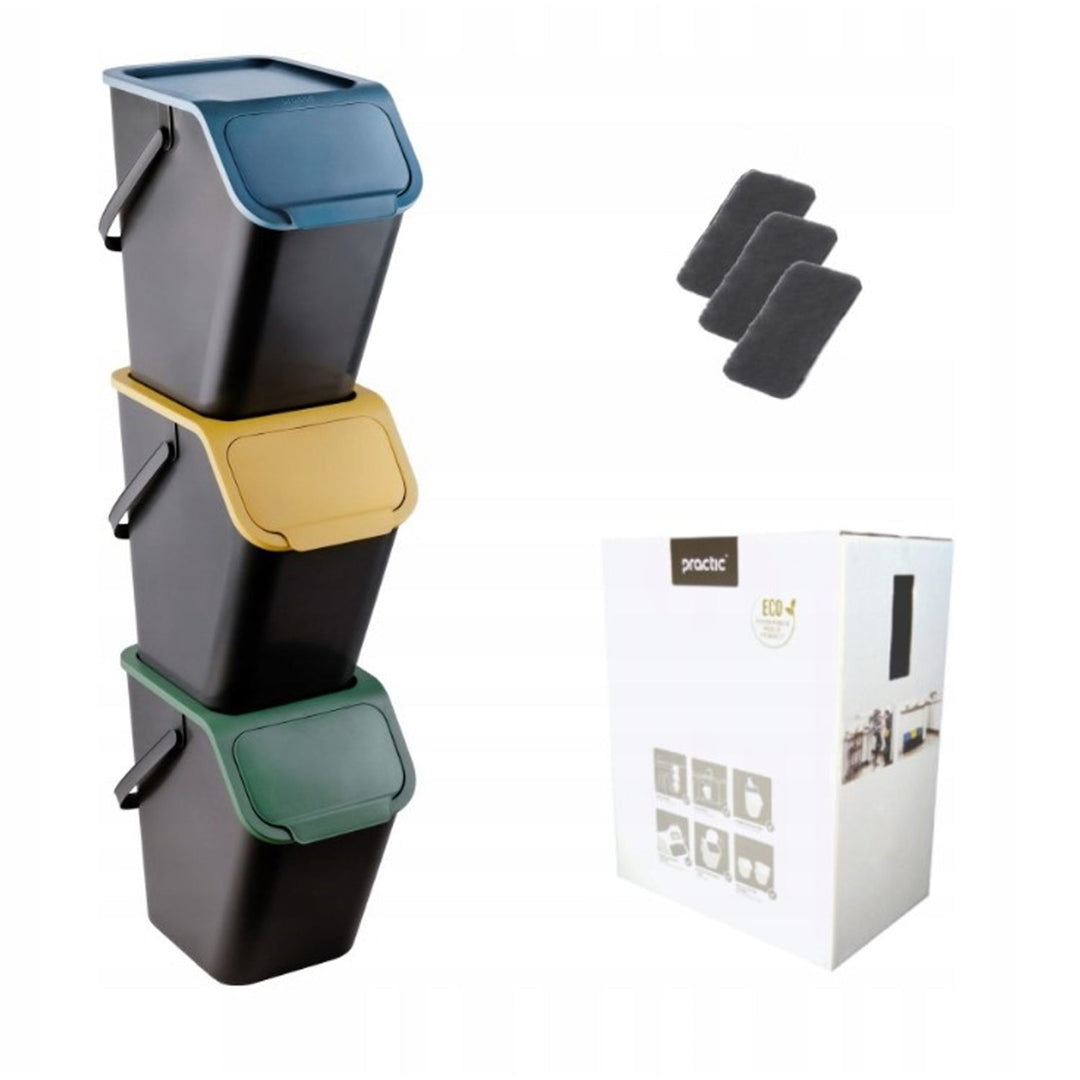Set of 3 Sorting Waste Bins 3x 25L + Carbon Filters Coloured Flaps Trash Garbage Recycling Segregation Stackable Black