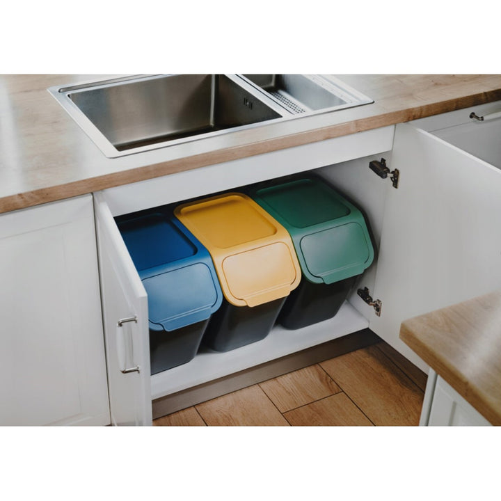 Set of 3 Sorting Waste Bins 3x 25L + Carbon Filters Coloured Flaps Trash Garbage Recycling Segregation Stackable Black