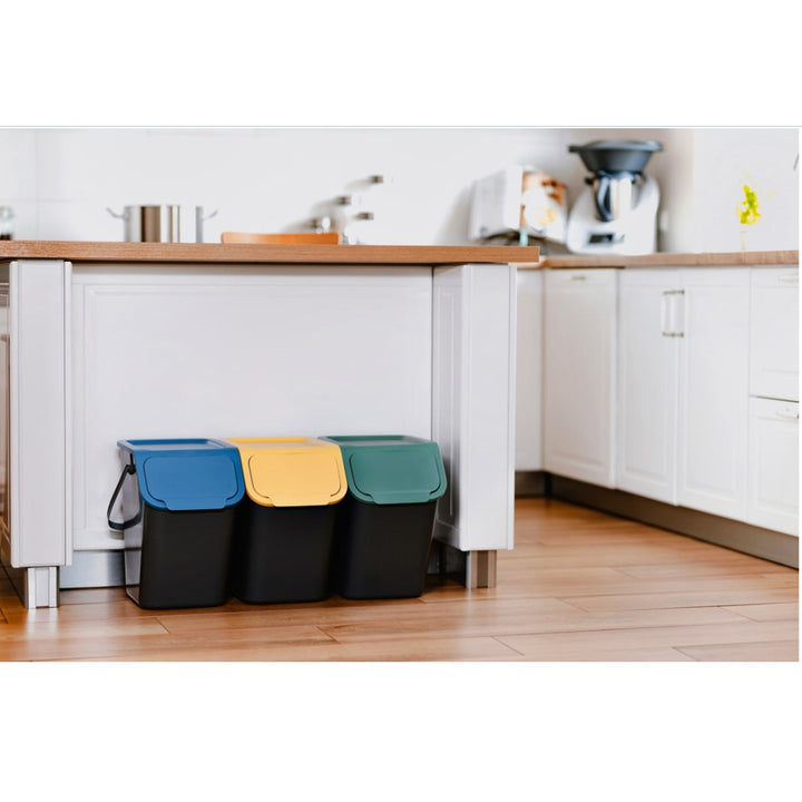 Set of 3 Sorting Waste Bins 3x 25L + Carbon Filters Coloured Flaps Trash Garbage Recycling Segregation Stackable Black