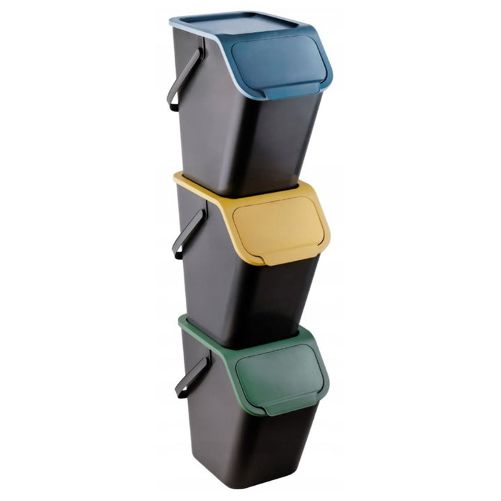 Set of 3 Sorting Waste Bins 3x 25L + Carbon Filters Coloured Flaps Trash Garbage Recycling Segregation Stackable Black
