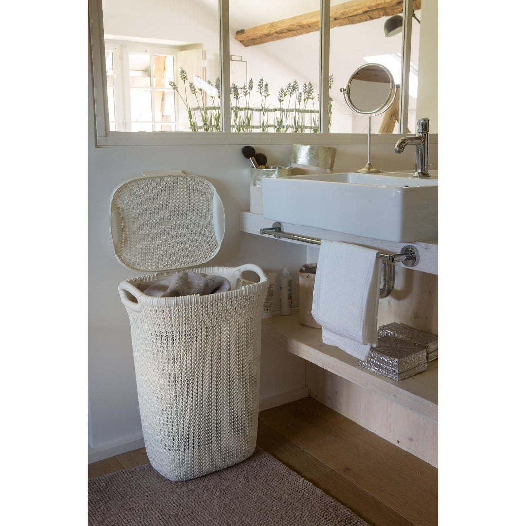 Curver Knit Hamper Laundry Basker 57L Openwork Design Cream White 2 Handles Lidded Vented Decorative Boho Cottagecore