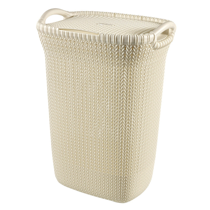 Curver Knit Hamper Laundry Basker 57L Openwork Design Cream White 2 Handles Lidded Vented Decorative Boho Cottagecore