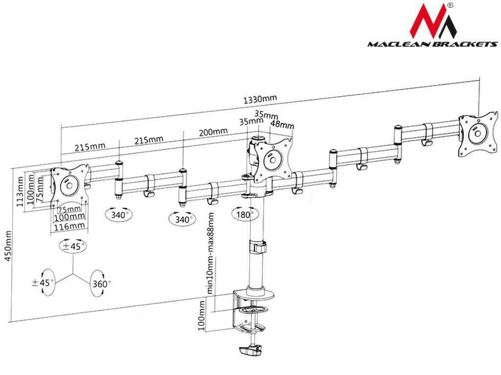 Maclean MC-691 TRE Triple Stand 3 Monitors Bracket Desk Mount Holder Table Mounting Arm 13" - 27" 8kg