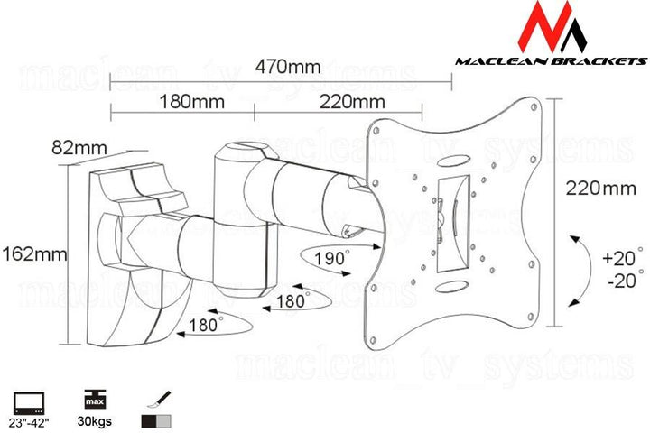 Maclean MC-503A TV Wall Mount Bracket Mount Holder 23’’- 42’’ LED PLASMA LCD Universal