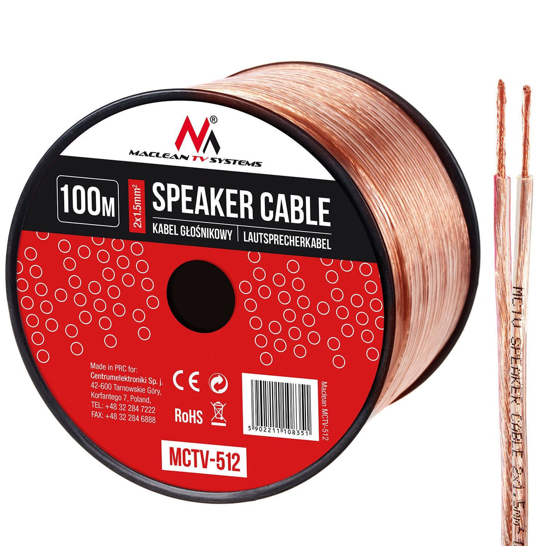 Maclean MCTV-510 Speaker Cable Audio 2 x 1,5mm2 25m OFC CCA Transparent Flexible Car Home