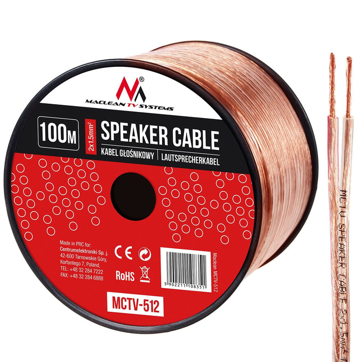 Maclean MCTV-510 Speaker Cable Audio 2 x 1,5mm2 25m OFC CCA Transparent Flexible Car Home