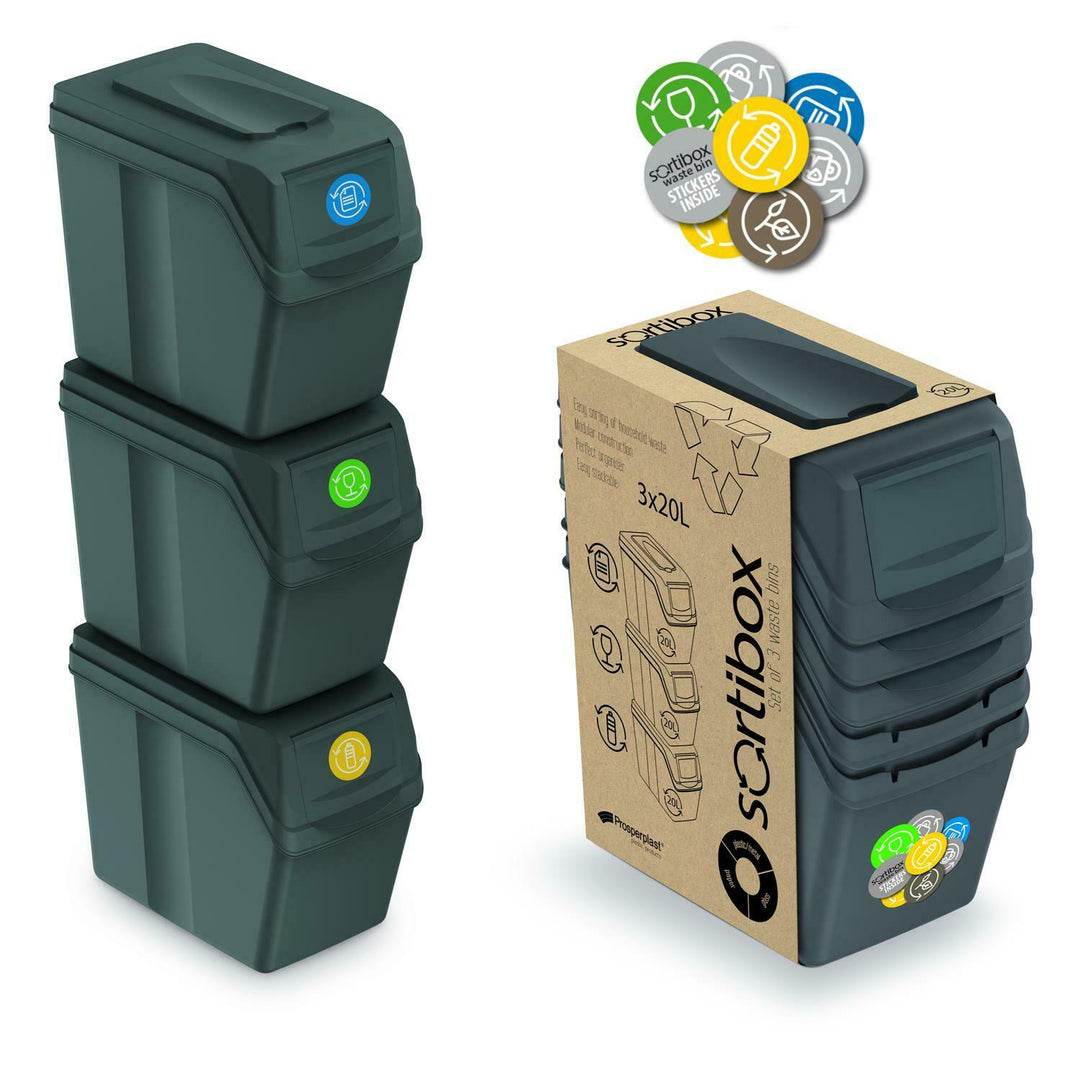 Sortibox 3x20L Gray Recycling Bin Set ISWB20S3 - Efficient Waste Sorting Solution