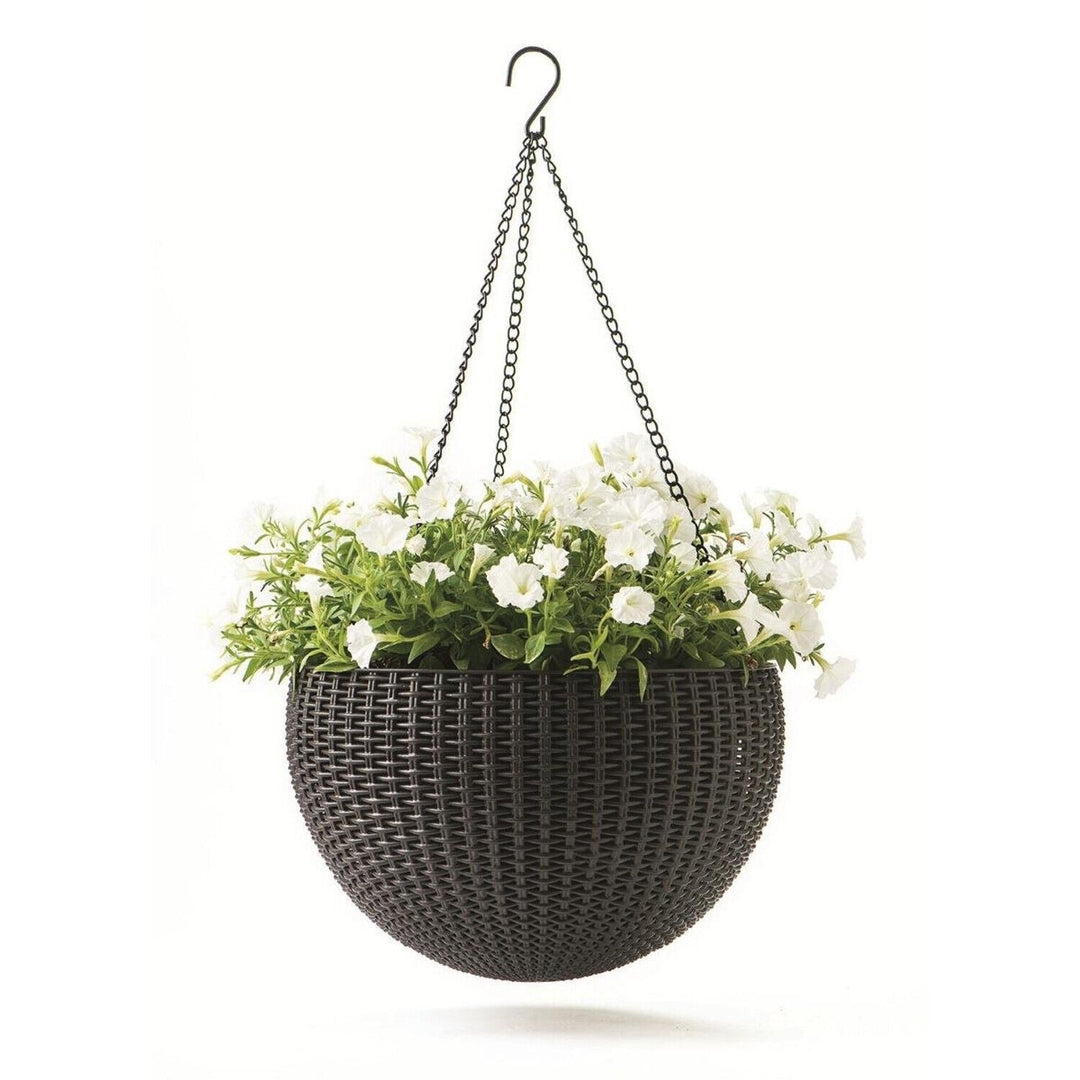 Keter Sphere Hanging Round Planter with Chain Brown Flower Pot on a Chain 35cm Rattan Style